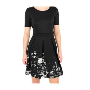 Elie Tahari Black Pleated Dress Fit & Flare Dress Abstract Print White Womens 4